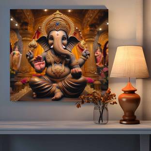 saf Wooden Framed Ganesh ji Canvas Wall decor Painting for Home and office Digital Reprint 23 inch x 23 inch Painting