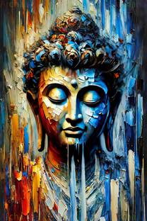 MashaPrints Masha Prints Buddha Face Oil Color Framed Poster Digital Reprint 13 inch x 8 inch Painting