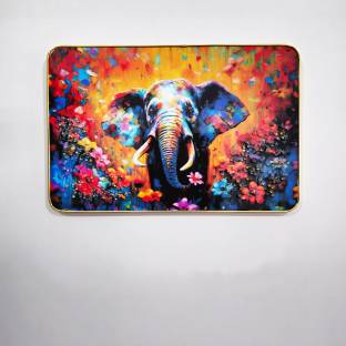 Masstone Colorful Elephant Animal Crystal Embedded High Gloss Surface Golden Slim Frame Embossed 12 inch x 18 inch Painting