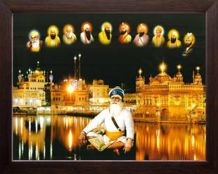 Karuna Enterprises Baba Deep Singh ji with All Ten Sikh Gurus and Golden Temple in Amritsar, Digital Reprint 12 inch x 8 inch Painting