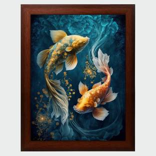 VASTU FISHES Vastu Fishes Painting Digital Reprint With Brown Frame (10 Inches X 13.5 Inches) Digital Reprint 13.5 inch x 10 inch Painting