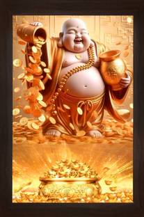 Threestar laughing buddha 10x14 inch photo with frame Natural Colors 14 inch x 10 inch Painting