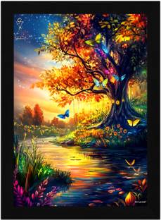 FRIZZY ARTS Twilight Whimsy – Enchanted Tree & Butterfly Fantasy Art Print A4 Digital Reprint 13 inch x 10 inch Painting