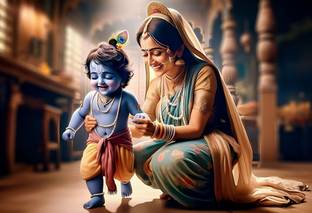 Anaadi Bal Krishna With Maa Yashoda Photo Poster for Home & Office Decoration Digital Reprint 12 inch x 18 inch Painting