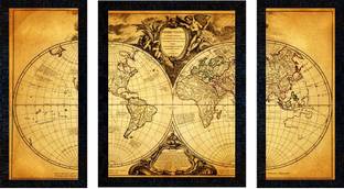 Poster N Frames World Map Art Set of 3 with Acrylic Sheet (Glass) painting-1210 Digital Reprint 14 inch x 22 inch Painting