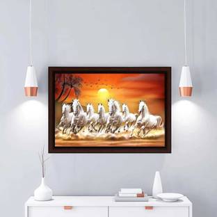 WALLSTOXX 7 Running Horses Vastu UV Textured 11 inch x 14 inch Painting (With Frame) Digital Reprint 11 inch x 14 inch Painting