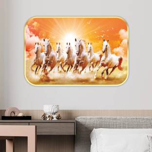 saf 7 Horses Large Sparkle Glossy Round Golden Framed Large Painting Digital Reprint 13.5 inch x 19.5 inch Painting