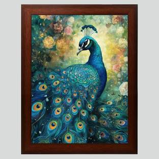 brosbliss Peacock Painting Digital Re Print With Brown Frame Digital Reprint 13.5 inch x 10 inch Painting