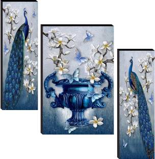 SNDArt (8675)Set Of 3 Peacock With Flower Pots Home Decor 3D Digital Reprint 11.5 inch x 17.5 inch Painting