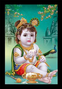 jog craft krishna ji painting| krishna ji photo frame|wooden art Digital Reprint 20 inch x 14 inch Painting
