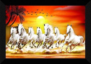 SNDArt (SHF-8433)Lucky Seven Running Horses Vastu UV Matt Textured Framed Digital Reprint 10.9 inch x 14 inch Painting