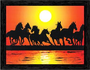 Indianara Vastu Seven Horses Painting (4452BK) -Synthetic Fame, 10 x 13 Inch Digital Reprint 13 inch x 10.2 inch Painting