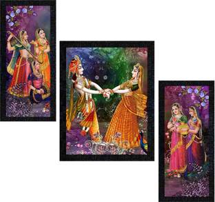 Poster N Frames Love Couple Radha Krishna Set of 3 with Acrylic Sheet (Glass) painting-0484 Digital Reprint 14 inch x 22 inch Painting