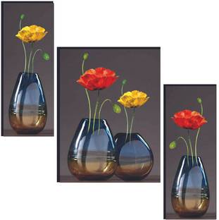 WALLSTOXX Set Of 3 Flower Pot Self Adhesive 12 Inch X 18 Inch MDF Wall Art Painting Digital Reprint 18 inch x 12 inch Painting