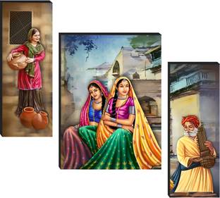 SNDArt Set Of 3 Rajasthani Traditional Uv Textured Wall Paintings Digital Reprint 12 inch x 18 inch Painting