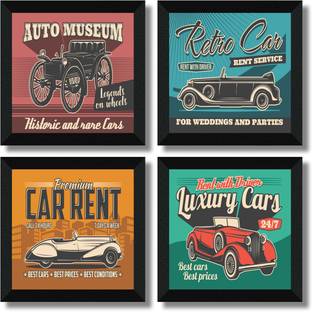 saf Set Of 4 Vintage Car Painting for Kids Room ,Study Room Digital Reprint 10 inch x 10 inch Painting