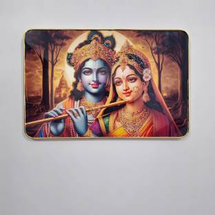 Masstone Radhe Krishna Flute Crystal Embedded High Gloss Surface with Golden Slim Frame Embossed 12 inch x 18 inch Painting