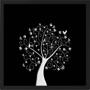 Ritwika's Modern Paper Art White Tree With Birds Black Shine Home & Office Decor Framed Digital Reprint 13.5 inch x 13.5 inch Painting
