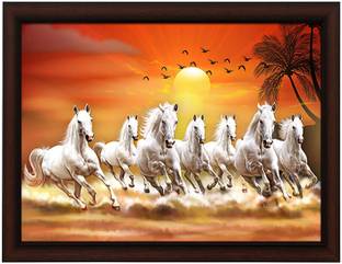 Masstone Lucky Seven Running Horses Vastu UV Matt Textured Effect HD Framed Digital Reprint 11 inch x 14 inch Painting