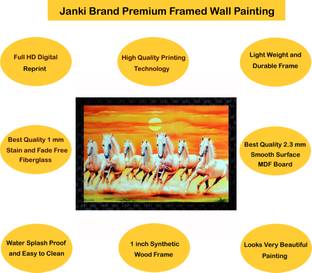Janki Lucky Seven (7) White Running Horses Vastu Wall Painting Canvas 14 inch x 20 inch Painting