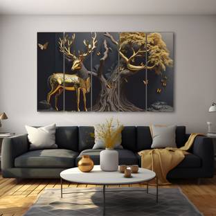 TheCastleDecor Golden Deer Set of 5 Big Size Multiple Frames Wall Painting Natural Colors 50 inch x 30 inch Painting