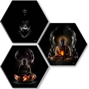 saf 17 inch Lord Buddha Set OF 3 Hexagon UV Textured Self adhesive Wall Painting Self Adhesive Sticker