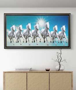 Elegance Vastu 7 white running horses painting picture frame for home decor office Digital Reprint 10.25 inch x 19.25 inch Painting
