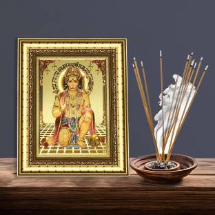 Indianara Lord Hanuman Golden Table Top -WITH GLASS Digital Reprint 9 inch x 7 inch Painting