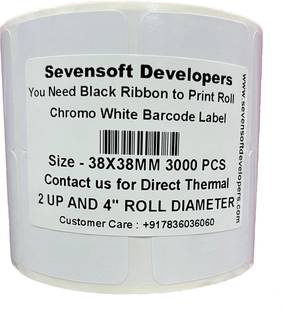 Sevensoft Developers 38X38MM Barcode Label (1.5X1.5 INCH) Self-adhesive 2 UP 4" Dia Roll-Use Black Ribbon to Print Stickers Paper Label