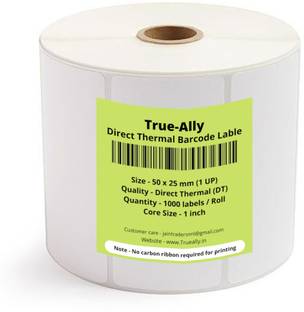 True-Ally 50x25 Direct Thermal Barcode Label Sticker - 2 x 1 inches - 50mm x 25mm - 50x25 mm 1000 Labels Per Roll - White Self Adhesive Sticker for Barcoding Paper Label