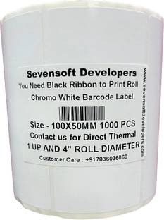 Sevensoft Developers 100X50MM Barcode Label (4X2 INCH) Self-adhesive 1 UP 4" Dia Roll (Use Black Ribbon to Print Stickers) Paper Label