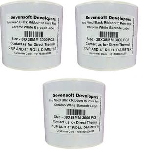 Sevensoft Developers 38X38MM Barcode Label Set of 3 Self-adhesive 2 UP Chromo 4" Diameter Roll (Use Black Ribbon to Print Stickers) Paper Label