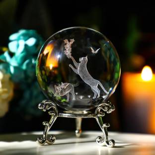 Wengonvila 3D Crystal Ball with Stand Glass Cat Laser Engraved Cats Sphere Paperweights crystal, Glass Paper Weights  with Clear