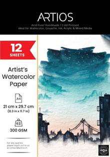 ARTIOS Artists' Watercolour Paper (A4 12 Sheets) Rough Handmade for Water colour, Acrylic, Gouache, Ink & Mixed Media A4 300 gsm Watercolor Paper