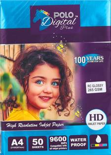 Nice Colour POLO Digital RC Glossy Photo Paper, 50 Sheets High Resolution 9600 DPI A4 265 gsm Photo Paper
