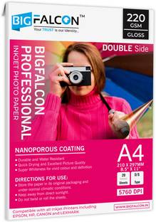 BIGFALCON Professional A4 Double Sided Glossy Inkjet Photo Paper 220 GSM (20 Sheets) Unruled A4 (8.5x11 inch) 220 gsm Photo Paper