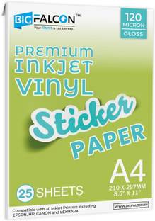 BIGFALCON Premium A4 (8.5x11 inch) Size 25 Sheets Glossy Vinyl Sticker Paper 120 Micron Self Adhesive Photo Paper for Inkjet printer A4 120 gsm Inkjet Paper