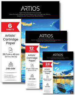 ARTIOS Artists' Mixed Media Cartridge Paper Combo-A3(6)+A4(12)+A5(24) Drawing Sheets , Ideal for Charcoal,Graphite,Acrylic,Watercolor,Gouache,Ink & Other Mixed Media A3+A4+A5 240 gsm Drawing Paper