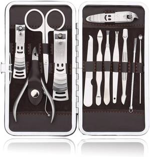 JAMBOREE 12 in 1 Stainless Steel Manicure Pedicure Set Nail Cutter Scissors Care Set Tweezers Knife Ear Pick Eyebrow Scissors Utility Tools Grooming Kits with Leather Hard Case