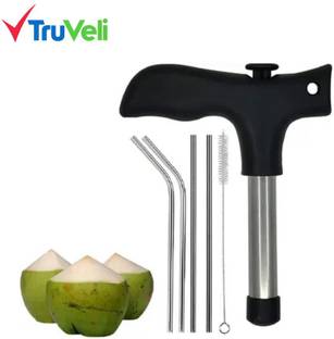 TruVeli Premium Coconut Opener Tool with 4 Reusable Straws and Brush Straight Peeler