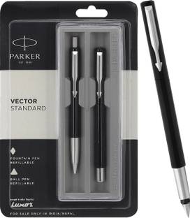 PARKER Vector Standard, Chrome Trim Fountain Pen & Black Body Colour Ball Pen