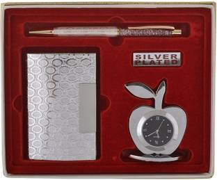 INTERNATIONAL GIFT Silver Plated Pen, Card Holder & Apple Shape Watch ( 3 In 1 Set ) | For Gift Ball Pen
