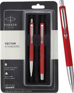 PARKER Vector Standard, Chrome Trim Fountain Pen & Red Body Colour Ball Pen