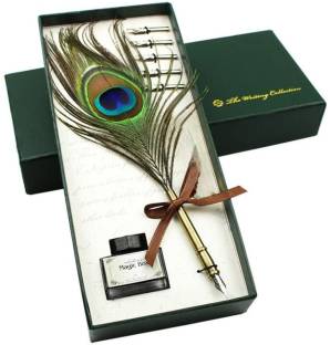 DEZIINE Antique Quill Peacock Feather Pen with Holder and Ink Calligraphy