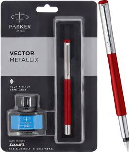 PARKER Vector Metallix, Chrome Trim, Fine Nib With Quink Ink Bottle Fountain Pen