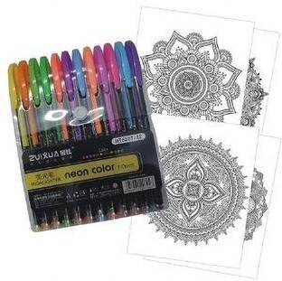 SAH 12 pcs Color Gel Neon Pen Set + Free Designing Mandala Art Pen Gift Set Ball Pen