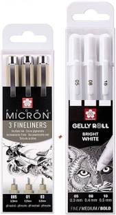 SAKURA Bright White in Case, Mix Size 05/08/10 with 01 03 05 Fineliner Pen