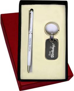 UJJi 2in1 Happy Birthday Engraved White Slim Design Pen and Keychain Pen Gift Set