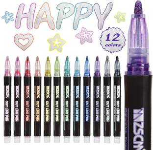 Sanchi Creation Double Line Chisel Point Outline Pens, 12 Colors Self-Outline Drawing Metallic Multi-function Pen