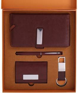 FABULASTIC 4 in 1 Corporate Gift Set with Diary, Pen, Card Holder and Metal Keychain (Brown) Roller Ball Pen